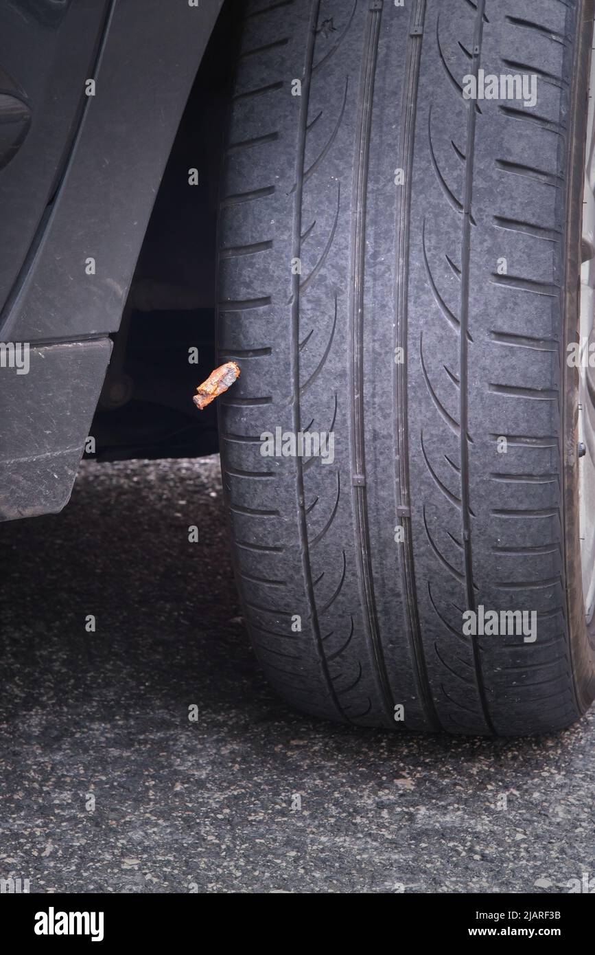 Puncture repaired on the wheel of a car with rubber wick impregnated in glue Stock Photo