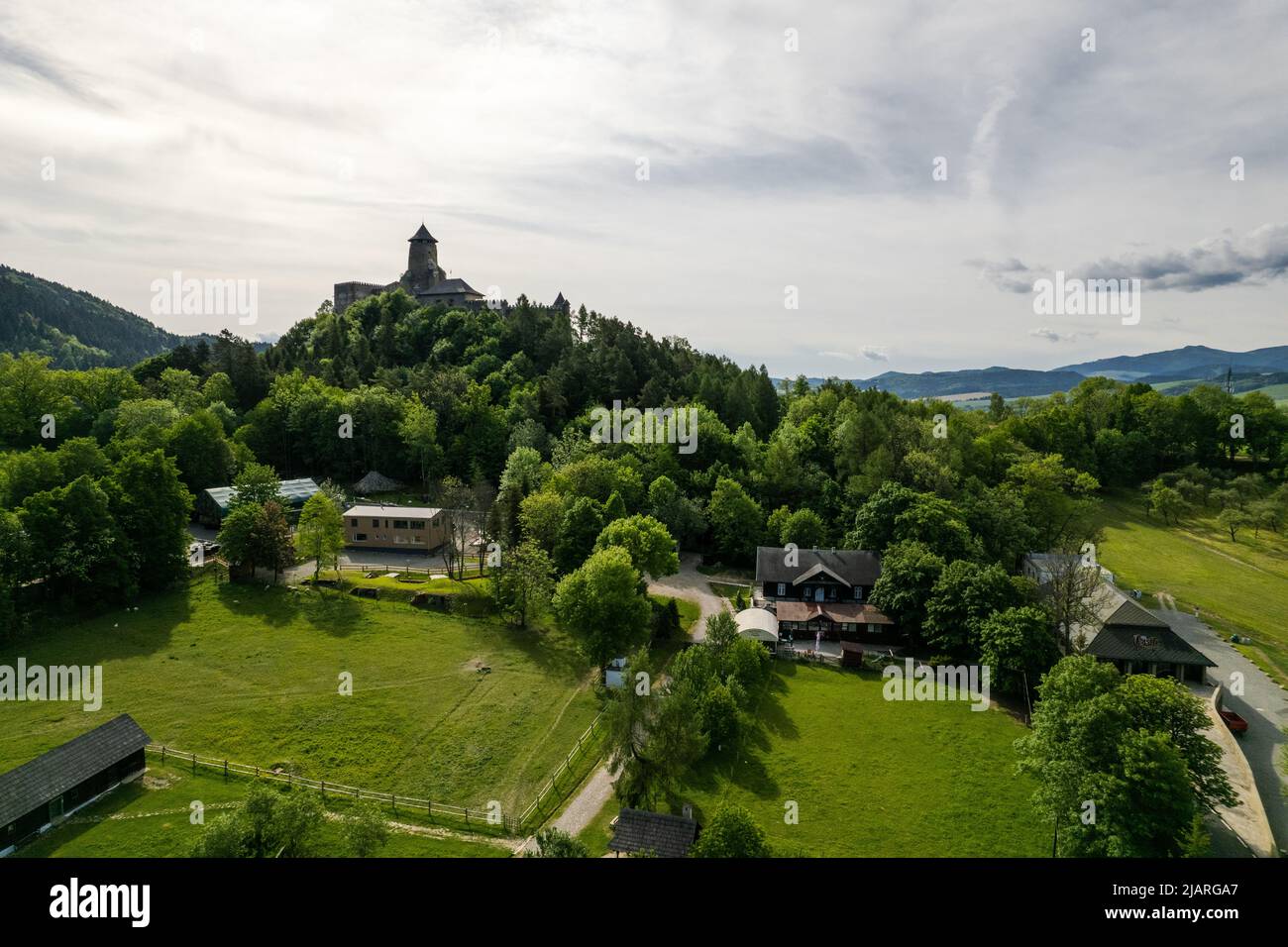 Stara Lubovna Castle in Slovakia, Aerial Drone View. Stock Photo