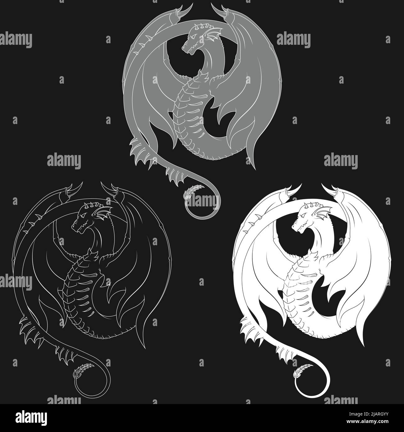 Winged western dragon silhouette vector design, on black background Stock Vector