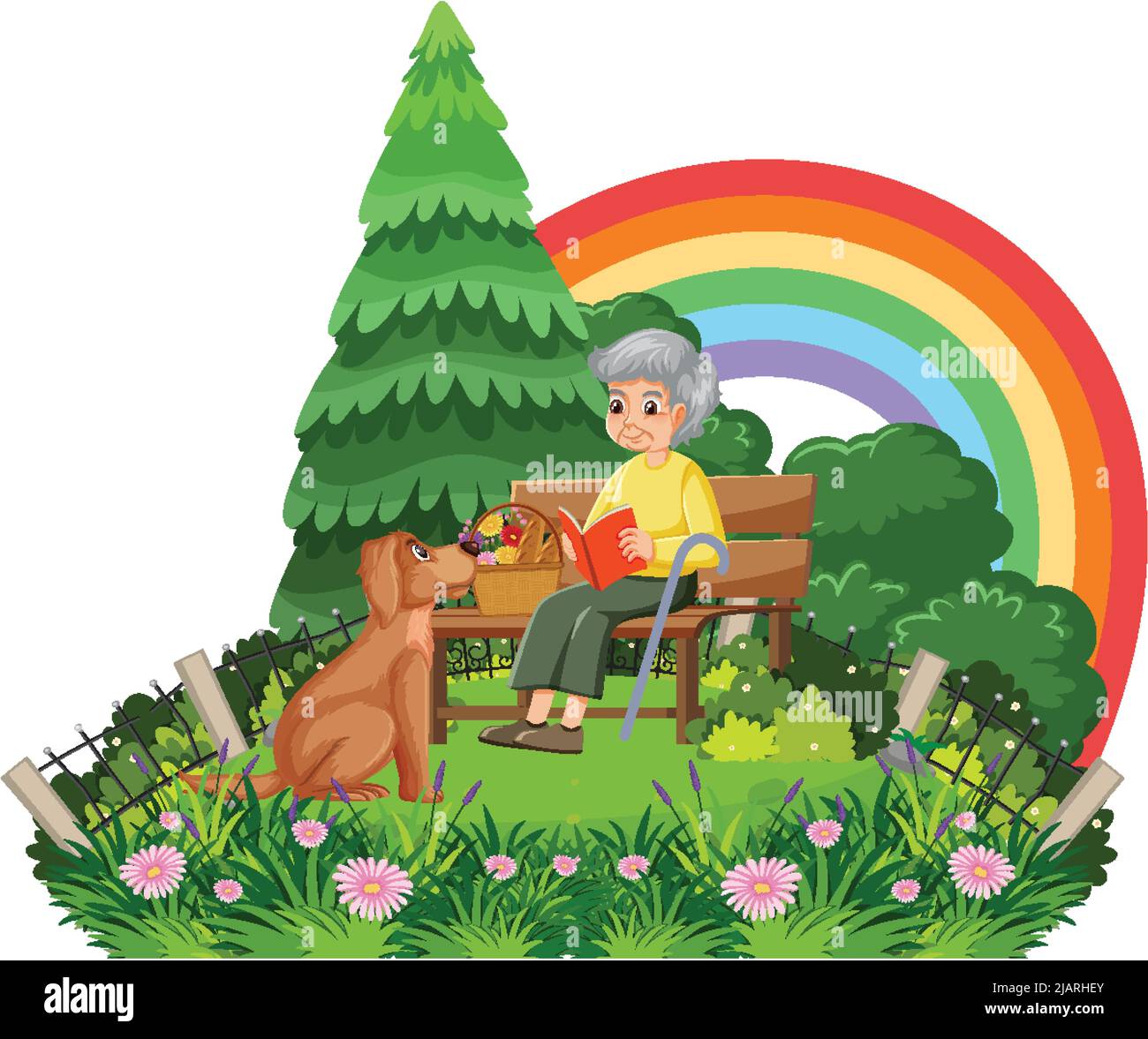 Old woman sitting on bench with a dog illustration Stock Vector Image ...