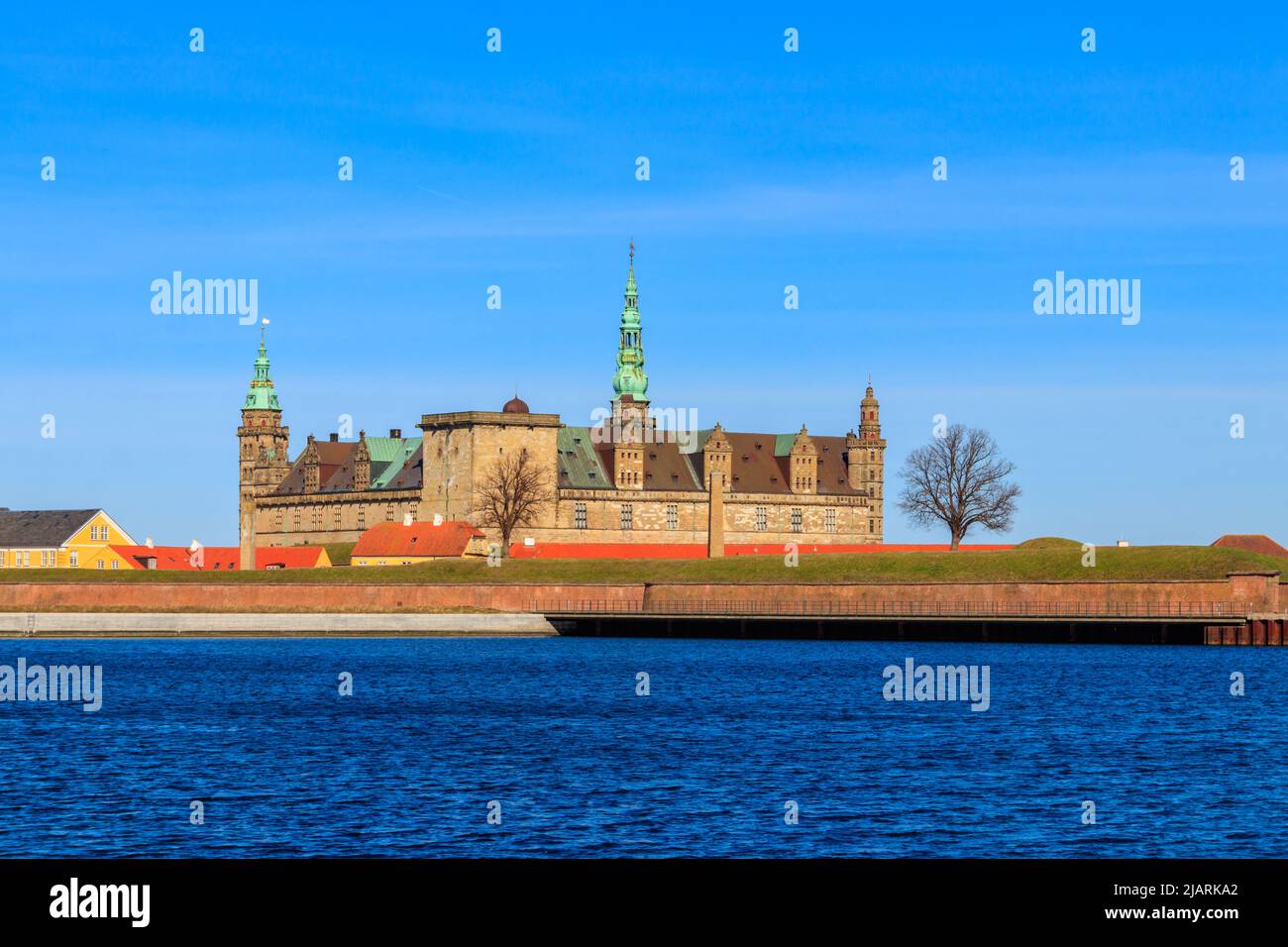 View of Kronborg Castle and Oresund strait in Helsingor (Elsinore), Denmark Stock Photo