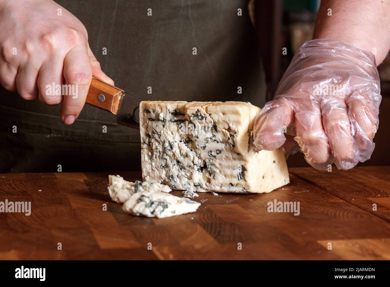 Cheese shop. Roquefort. Selective focus. Close up. Stock Photo
