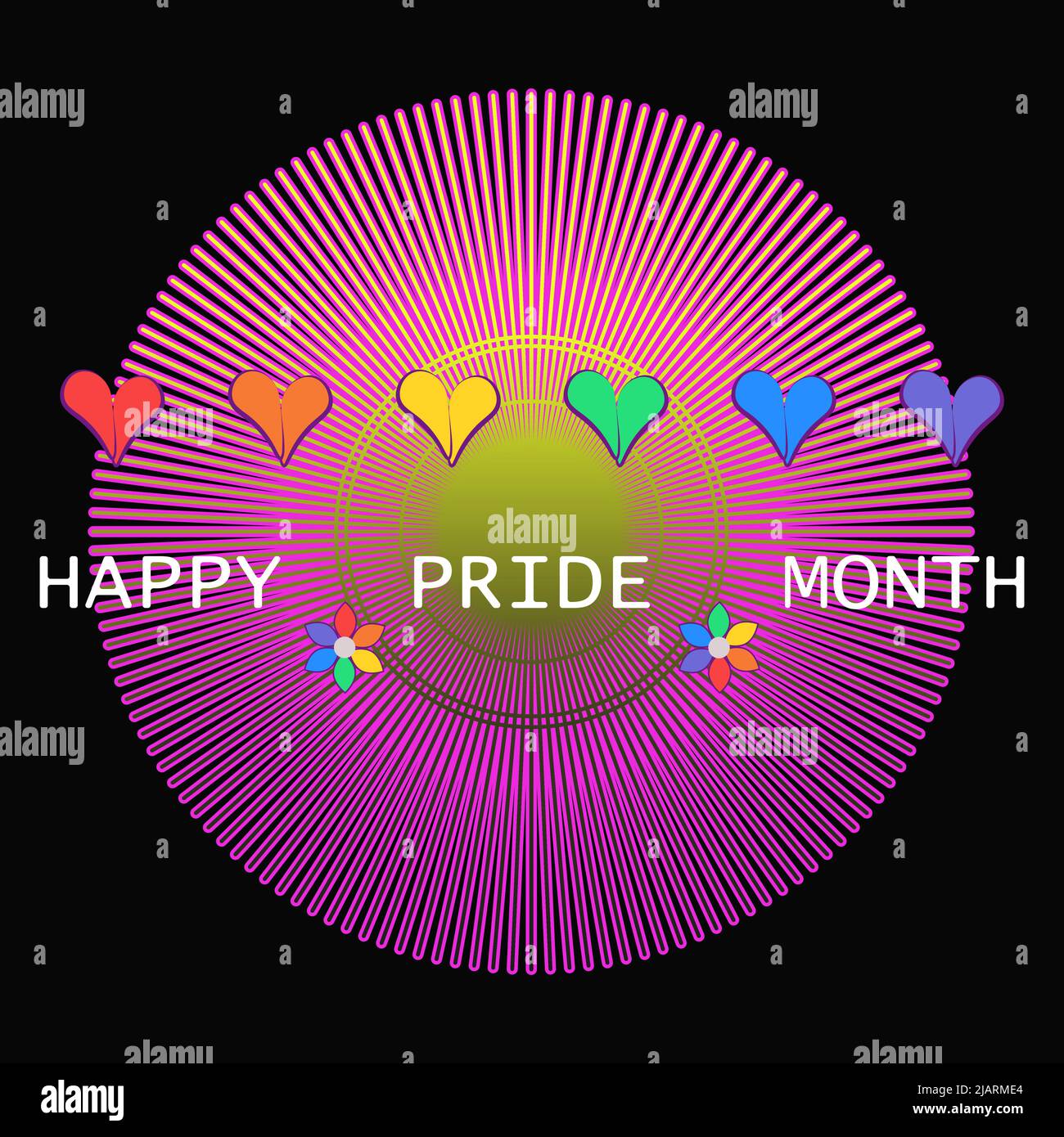 Happy pride month background with text, hearts, flowers in rainbow colors. Vector illustration design happy pride day. Stock Vector