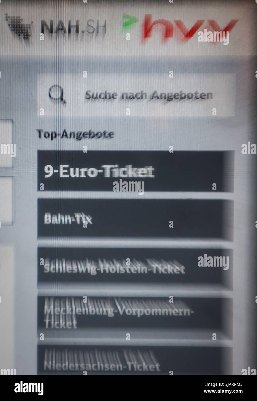 Hamburg, Germany. 01st June, 2022. The display of a ticket vending machine  at the main train station shows the 9-euro ticket for sale. Since June 1,  the 9-Euro-Ticket has been valid for