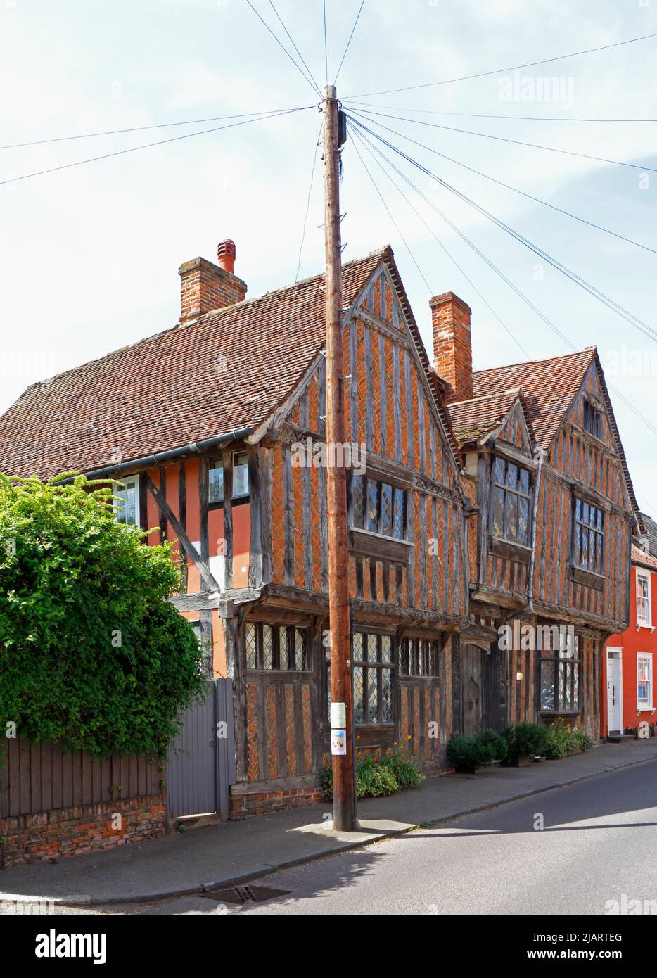 A view of the 14th century timber-framed De Vere House in the well preserved medieval village of Lavenham, Suffolk, England, United Kingdom. Stock Photo