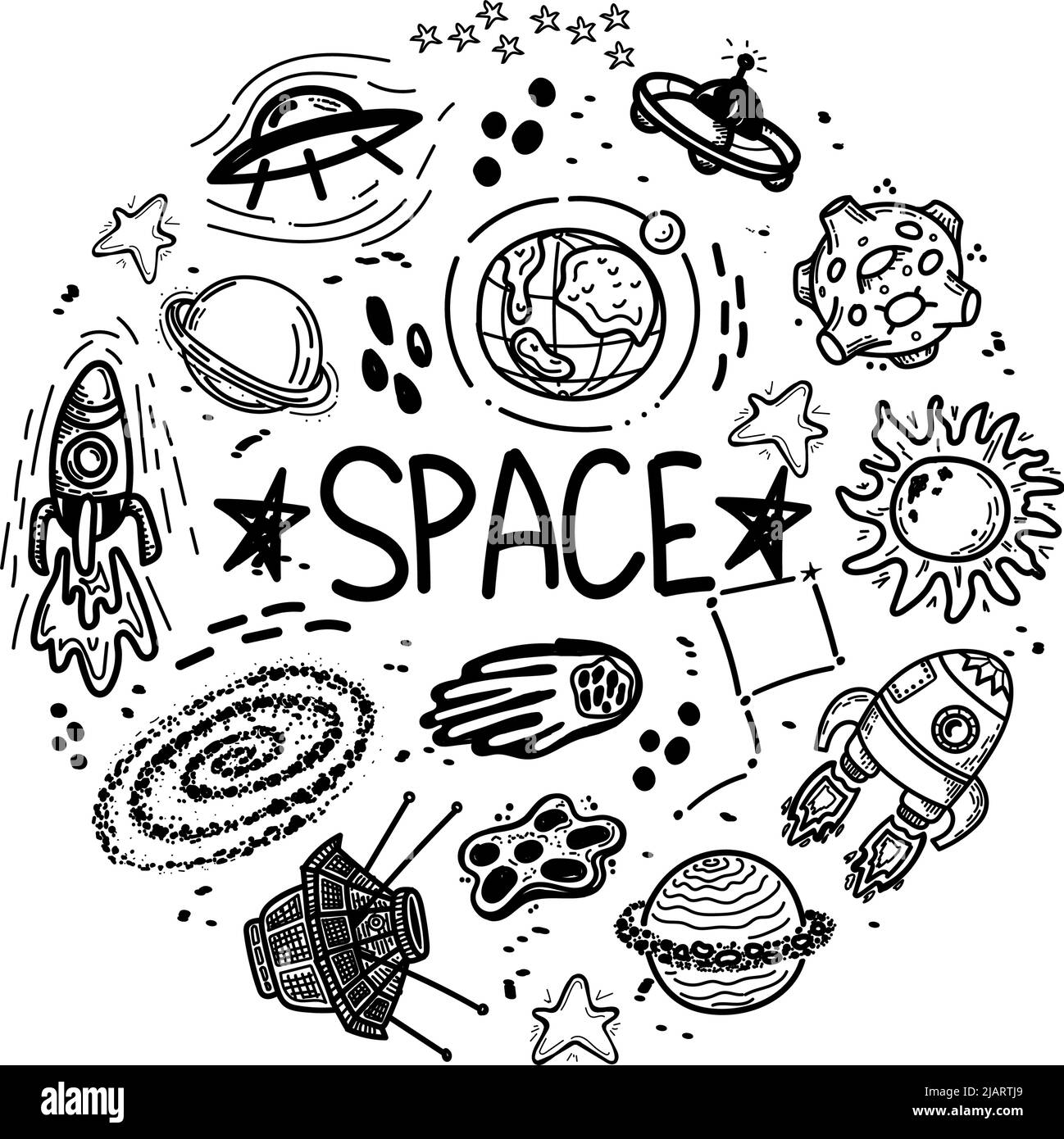 Set of space elements in a circle on a white background. Hand-drawn space inscription. Hand-drawn doodle style elements. Black hole. Rockets, satellit Stock Vector