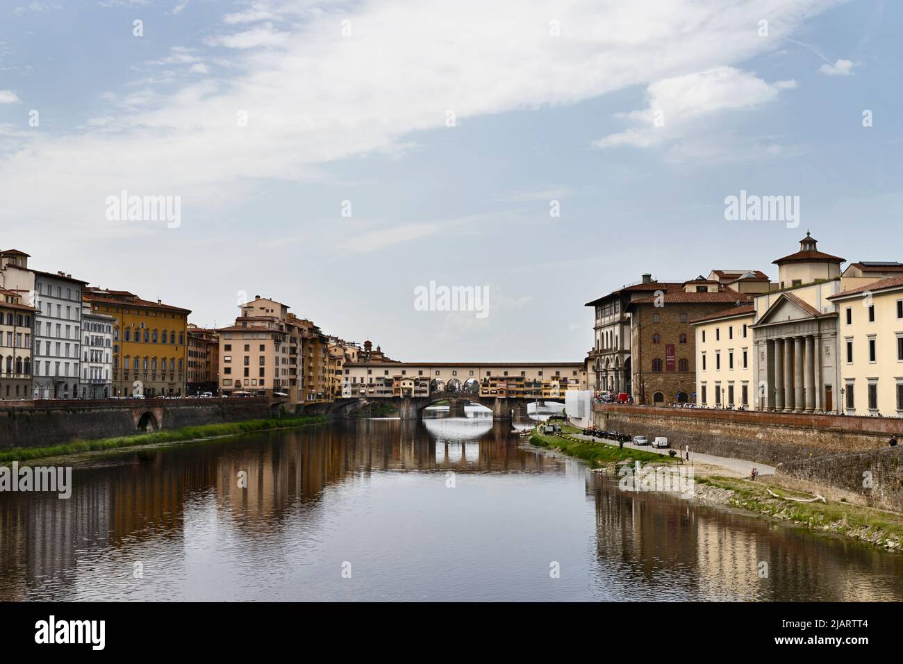Florence , Arno river  and Ponte Vecchio ,Old bridge , medieval landmark Stock Photo