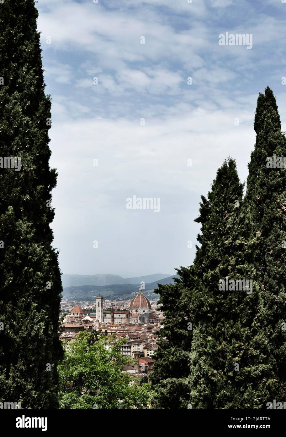 Landscape of Florence , Tuscany , Italy with  cathedral Santa Maria del Fiore , Giotto's bell tower and Brunelleschi dome Stock Photo