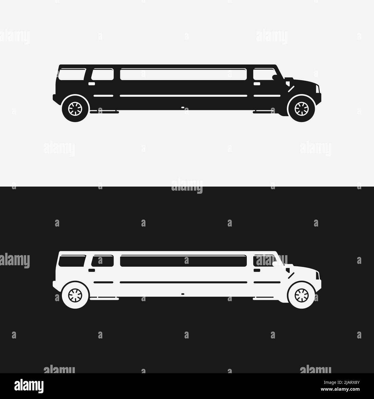 Limo Limousine Silhouette Logo Design Template. Limo is a large luxurious often chauffeur-driven sedan that usually has a glass partition separating t Stock Vector
