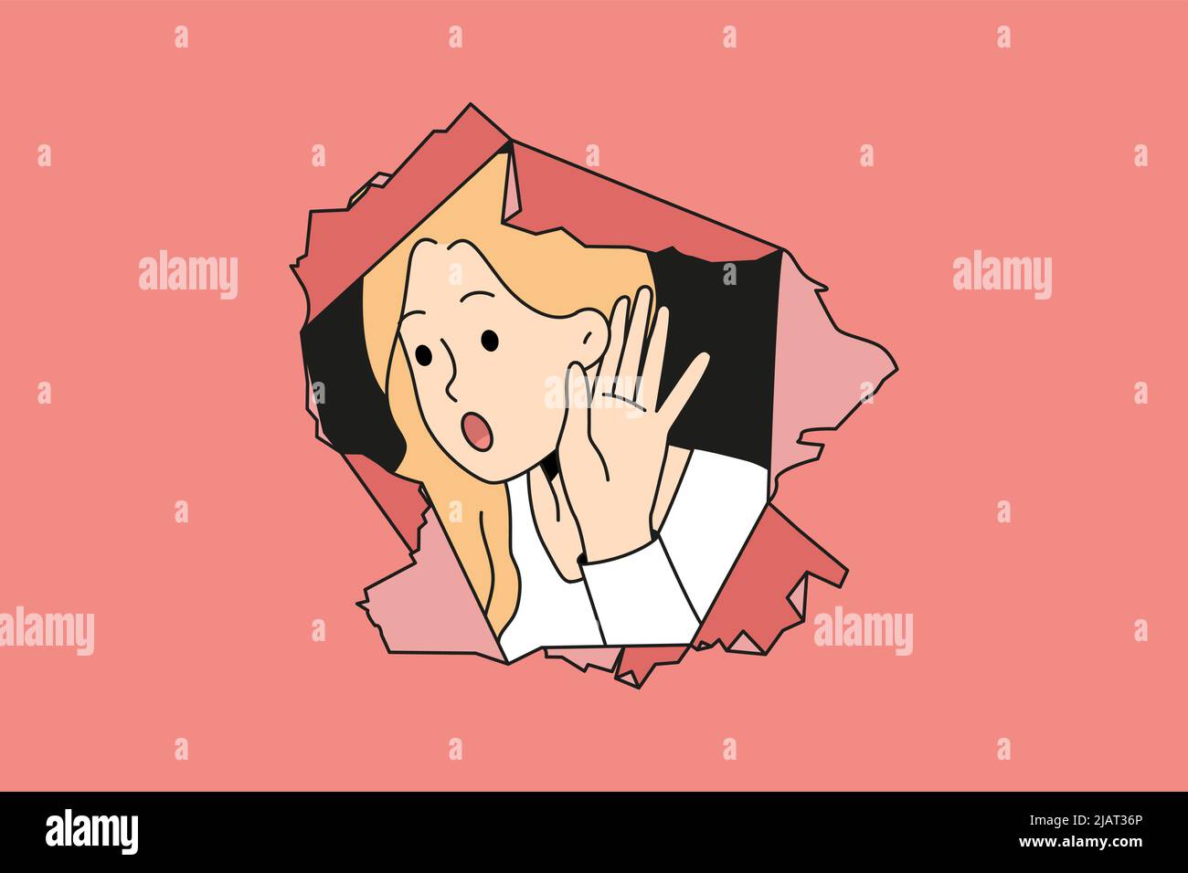Young woman peep through paper hole hold hand near ear hearing gossips and secrets. Curious girl excited about secret hidden information and news. Censorship and rumors. Vector illustration.  Stock Vector