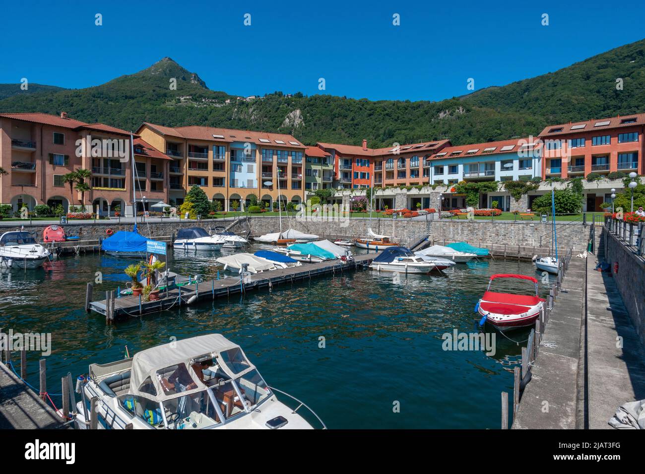 Boat harbor and holiday resort on the shore of Lake Maggiore, Cannero Riviera, Piedmont, Italy, Europe Stock Photo