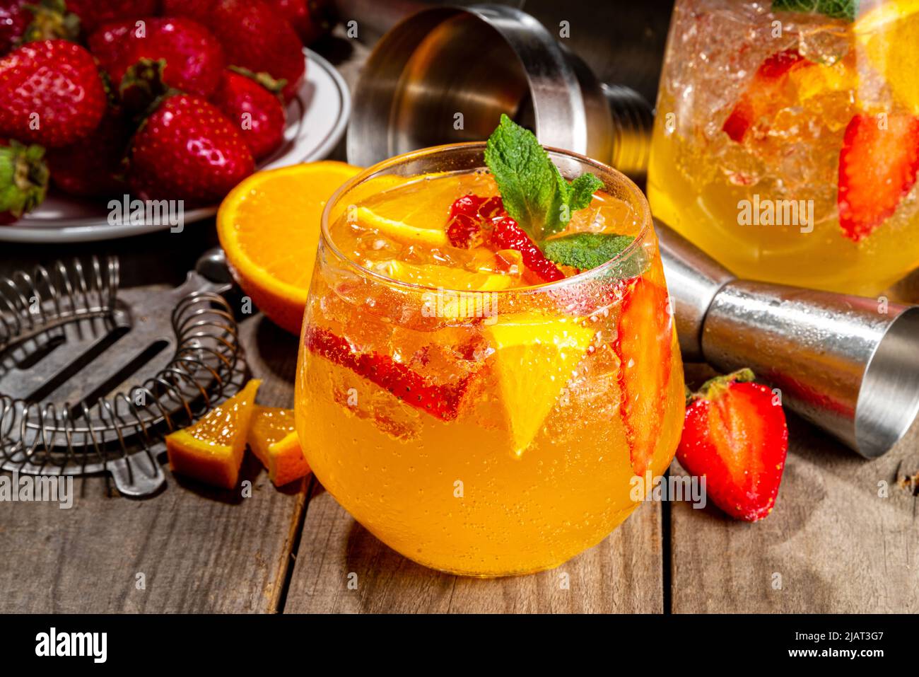 Homemade Summer Sparkling White Wine Sangria. Cold fizz fruit and berry