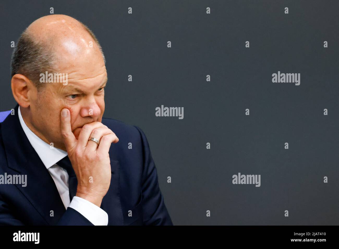 German Chancellor Olaf Scholz attends a session of German lower house of parliament, Bundestag, in Berlin, Germany June 1, 2022. REUTERS/Hannibal Hanschke Stock Photo