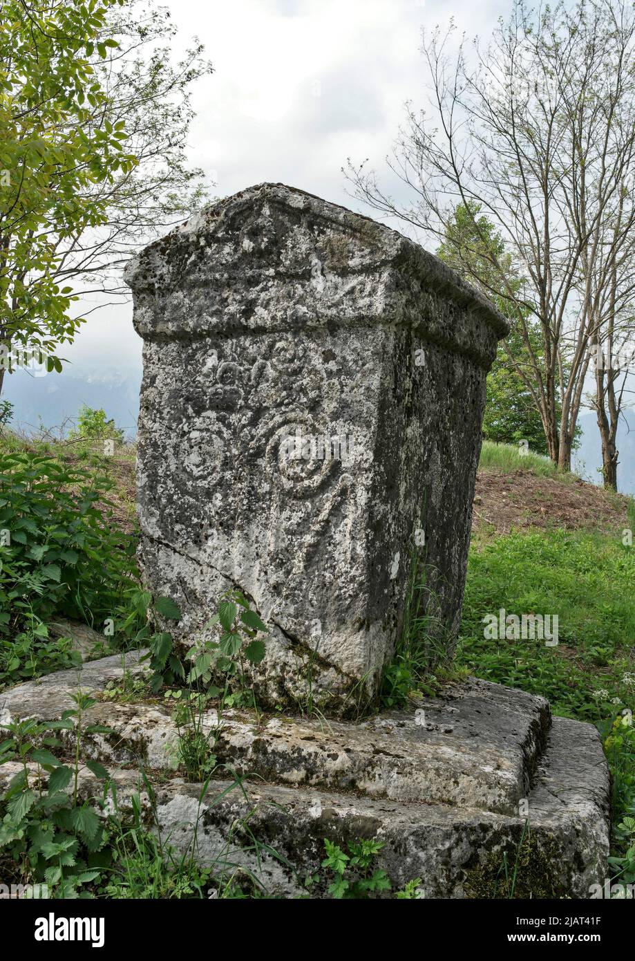 Dobrigošće, Jablanica, Bosnia and Herzegovina – May 2022: medieval tombstone / Stećak „Kamen“ Stock Photo