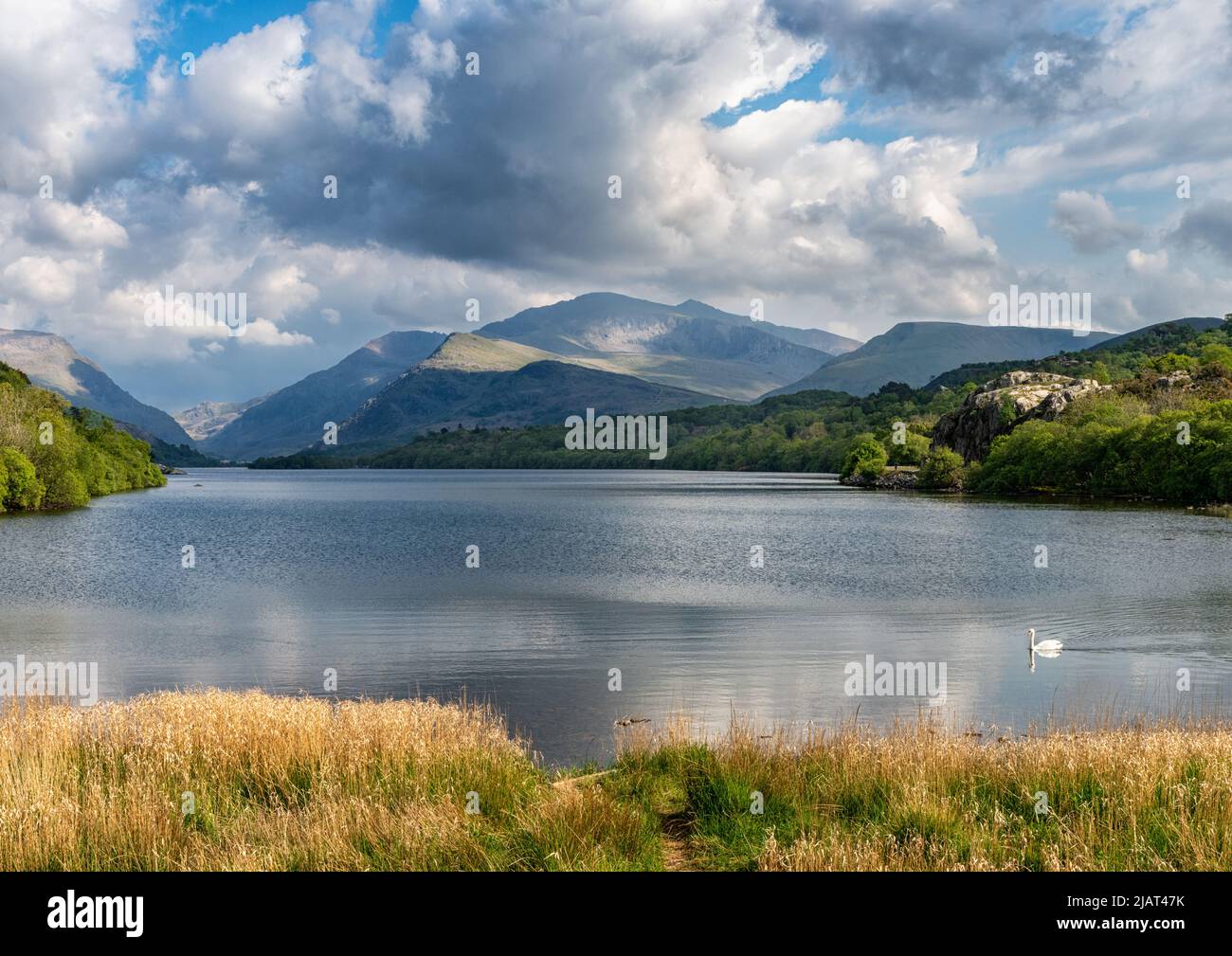 Snowdonia Landscape, Llyn Padarn and Mountains Stock Photo