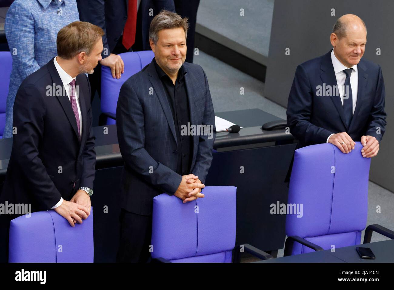 German Finance Minister Christian Lindner, German Minister for Economic Affairs and Climate Action Robert Habeck and German Chancellor Olaf Scholz attend a session of German lower house of parliament, Bundestag, in Berlin, Germany June 1, 2022. REUTERS/Hannibal Hanschke Stock Photo