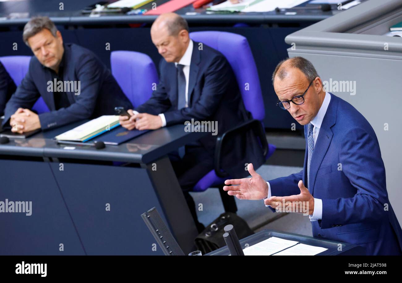 Germany's Christian Democratic Union (CDU) Party Leader Friedrich Merz speaks during a session of German lower house of parliament, Bundestag, in Berlin, Germany June 1, 2022. REUTERS/Hannibal Hanschke Stock Photo