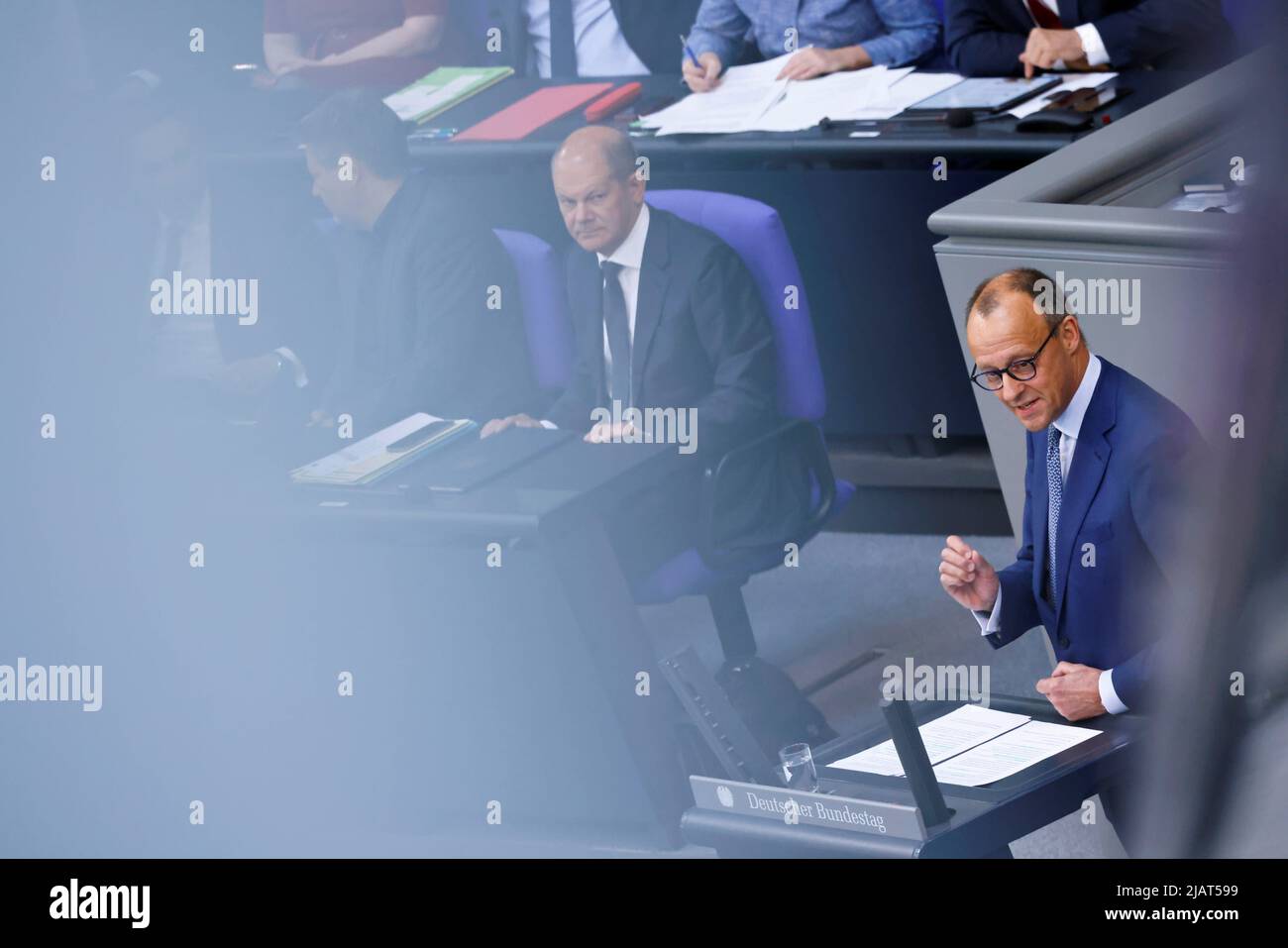 Germany's Christian Democratic Union (CDU) Party Leader Friedrich Merz speaks during a session of German lower house of parliament, Bundestag, in Berlin, Germany June 1, 2022. REUTERS/Hannibal Hanschke Stock Photo