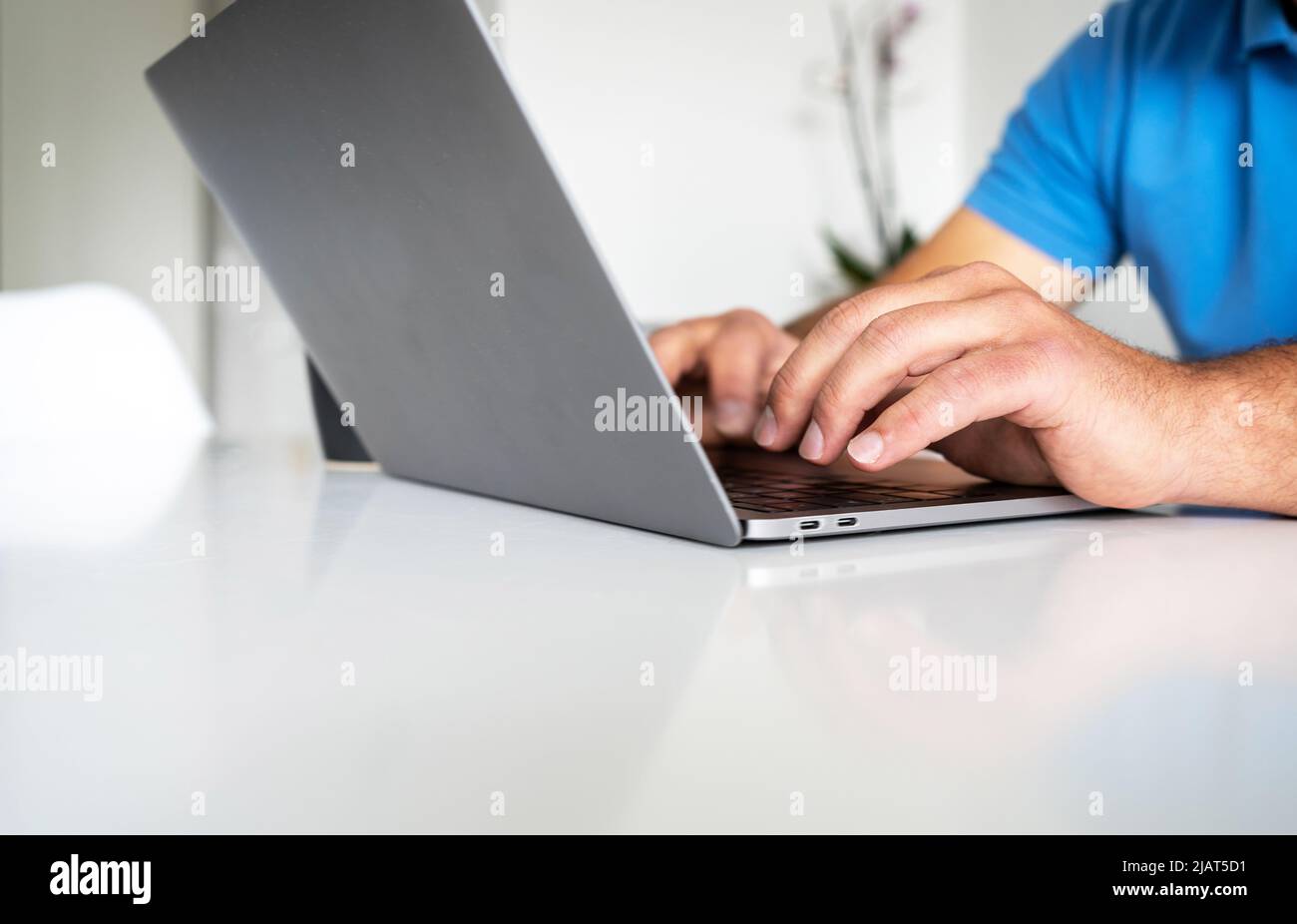 Man Working laptop Hands Networking Stock Photo