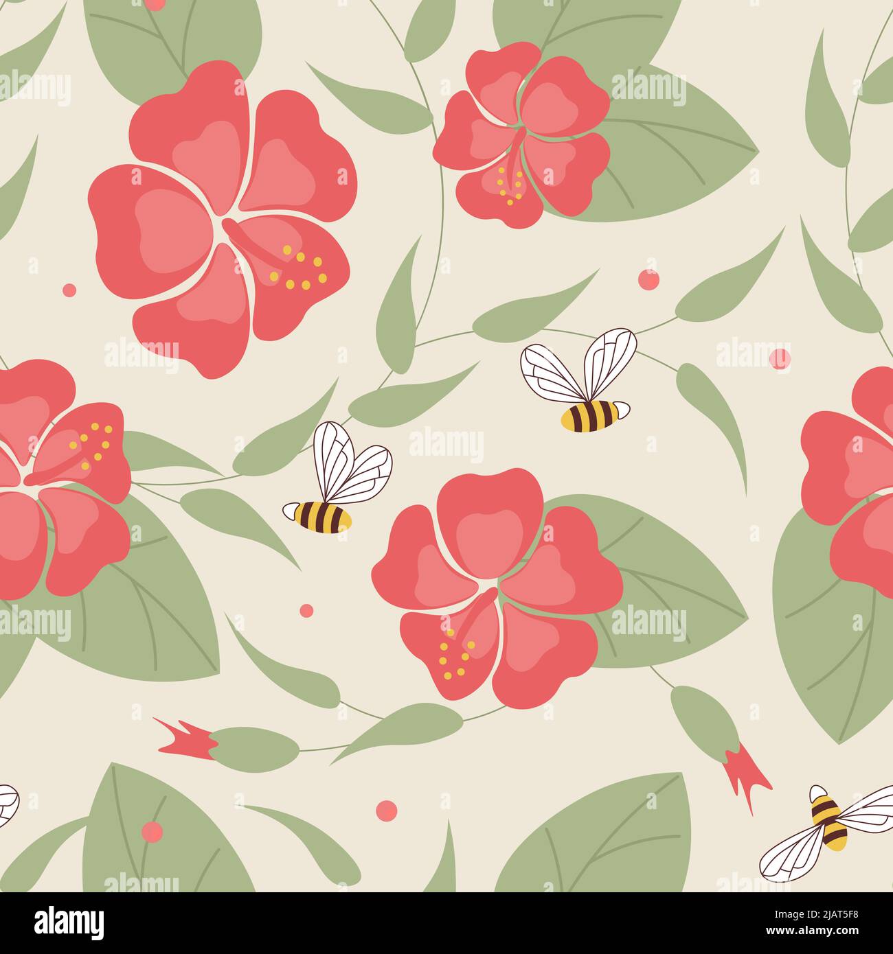 Bright colored seamless pattern with cute hibiscus flower and bee Stock Vector