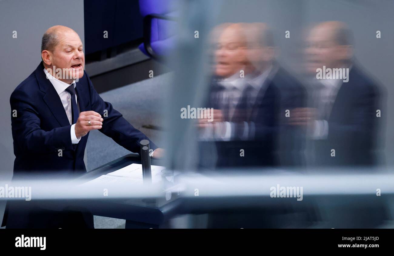 German Chancellor Olaf Scholz speaks during a session of German lower house of parliament, Bundestag, in Berlin, Germany June 1, 2022. REUTERS/Hannibal Hanschke Stock Photo