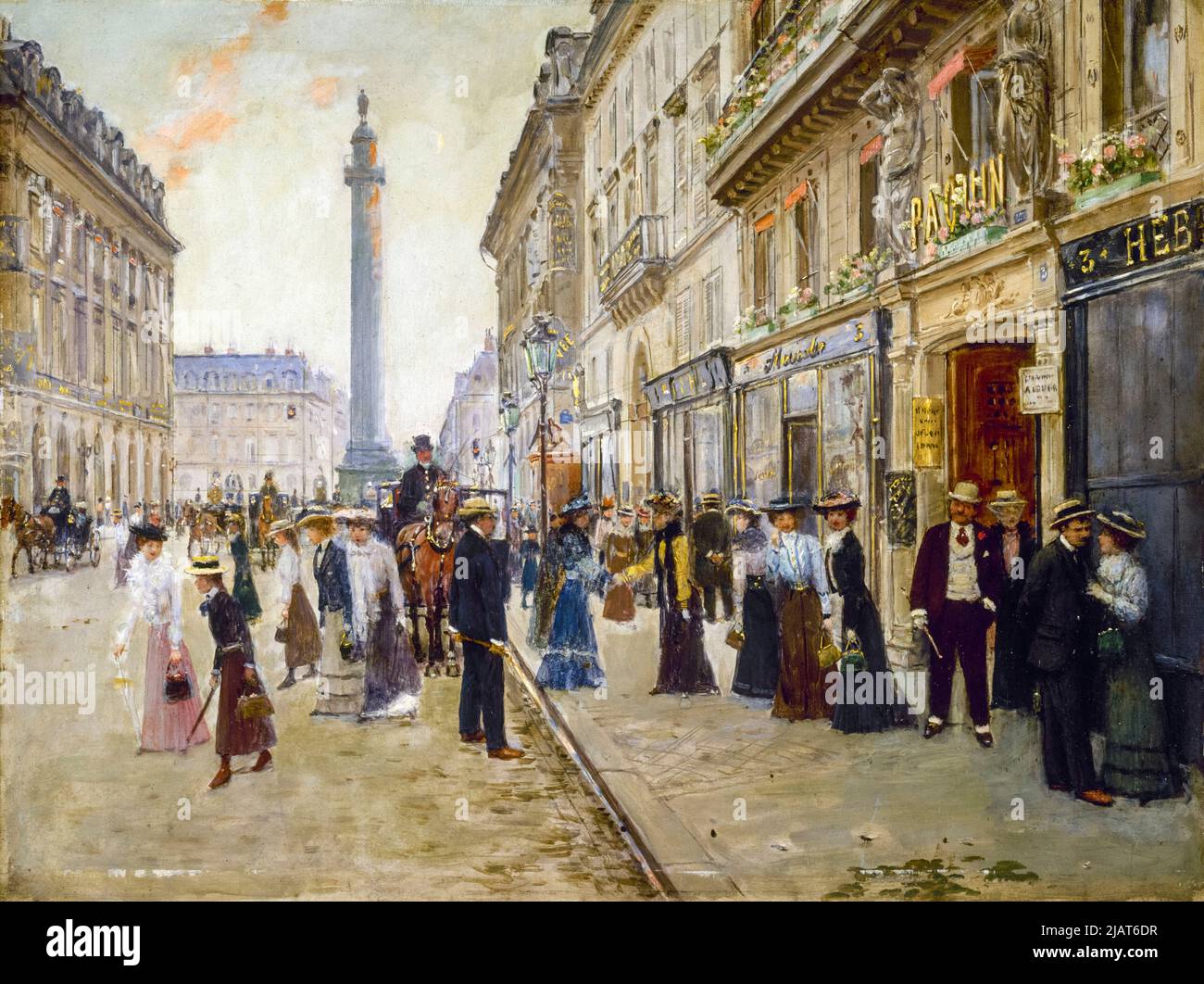 Jean Beraud, Exit of the workers from the House of Paquin, painting in oil on panel, circa 1900 Stock Photo
