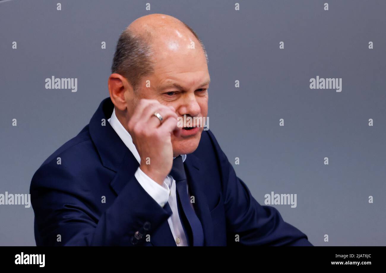 German Chancellor Olaf Scholz speaks during a session of Germany's lower house of parliament, the Bundestag, in Berlin, Germany, June 1, 2022. REUTERS/Hannibal Hanschke Stock Photo