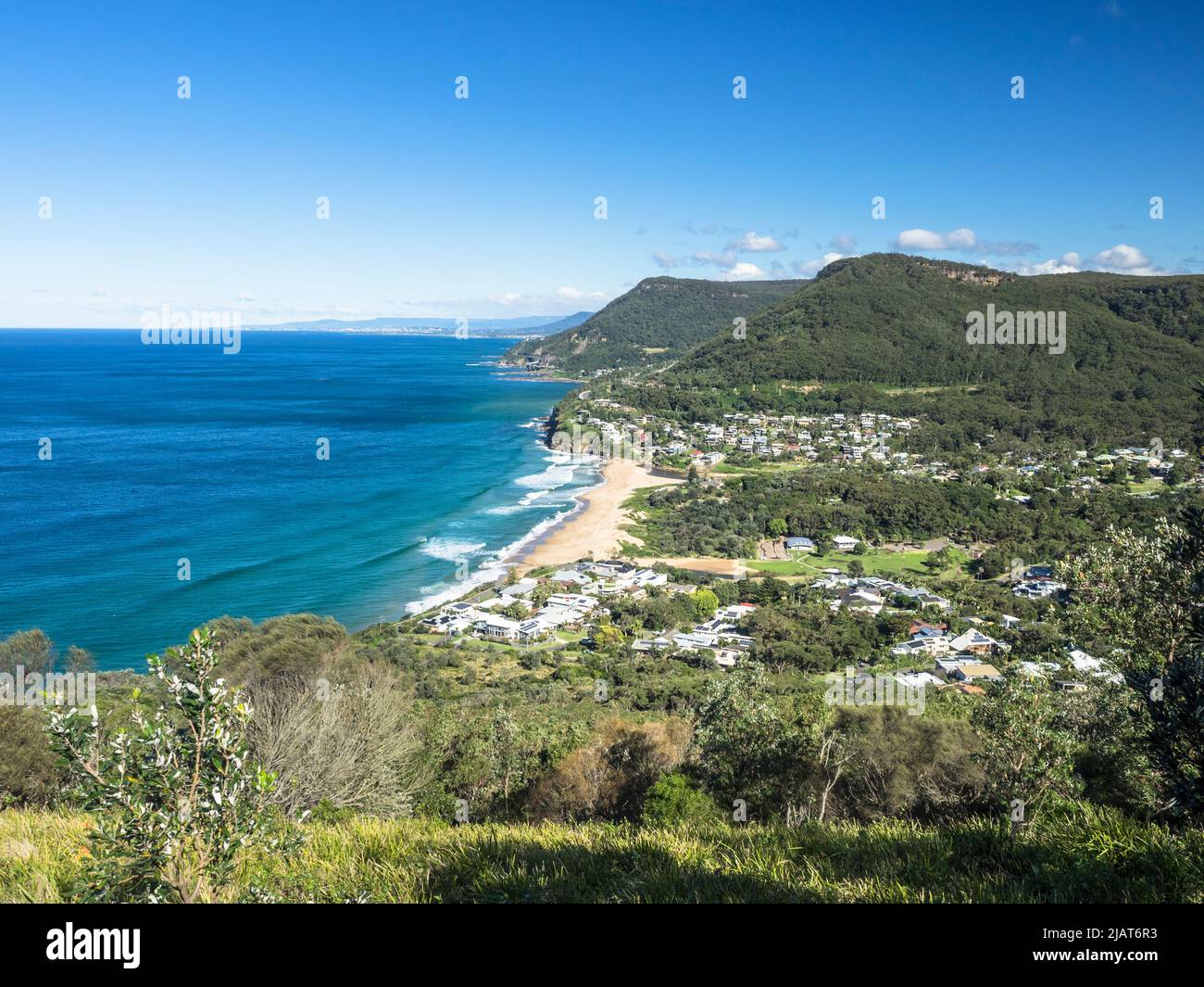 Stanwell Park beach and the Illawarra Escarpment from Bald Hill Lookout, New South Wales Stock Photo