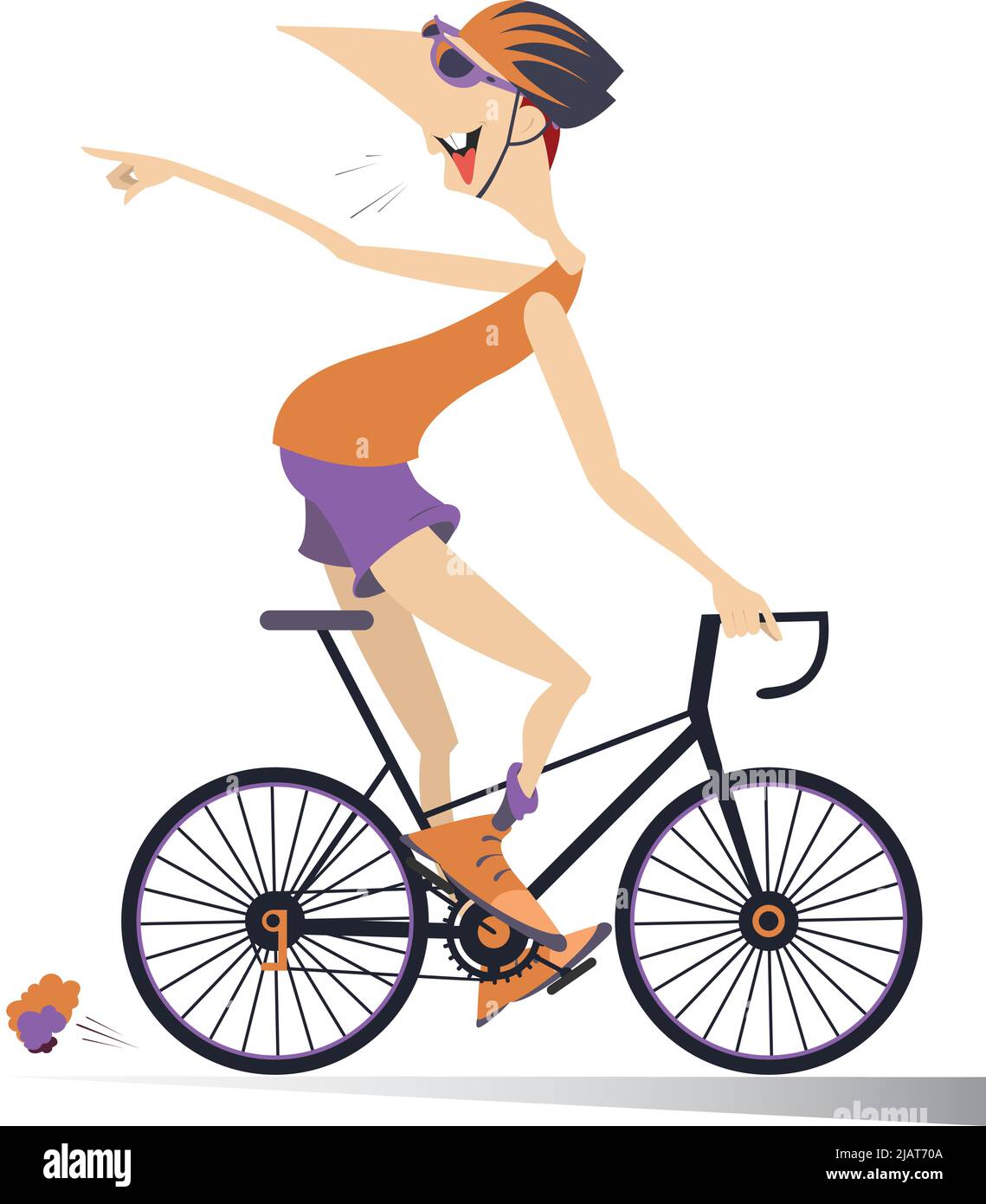 Cartoon man rides a bike isolated. Smiling man in helmet on the bike