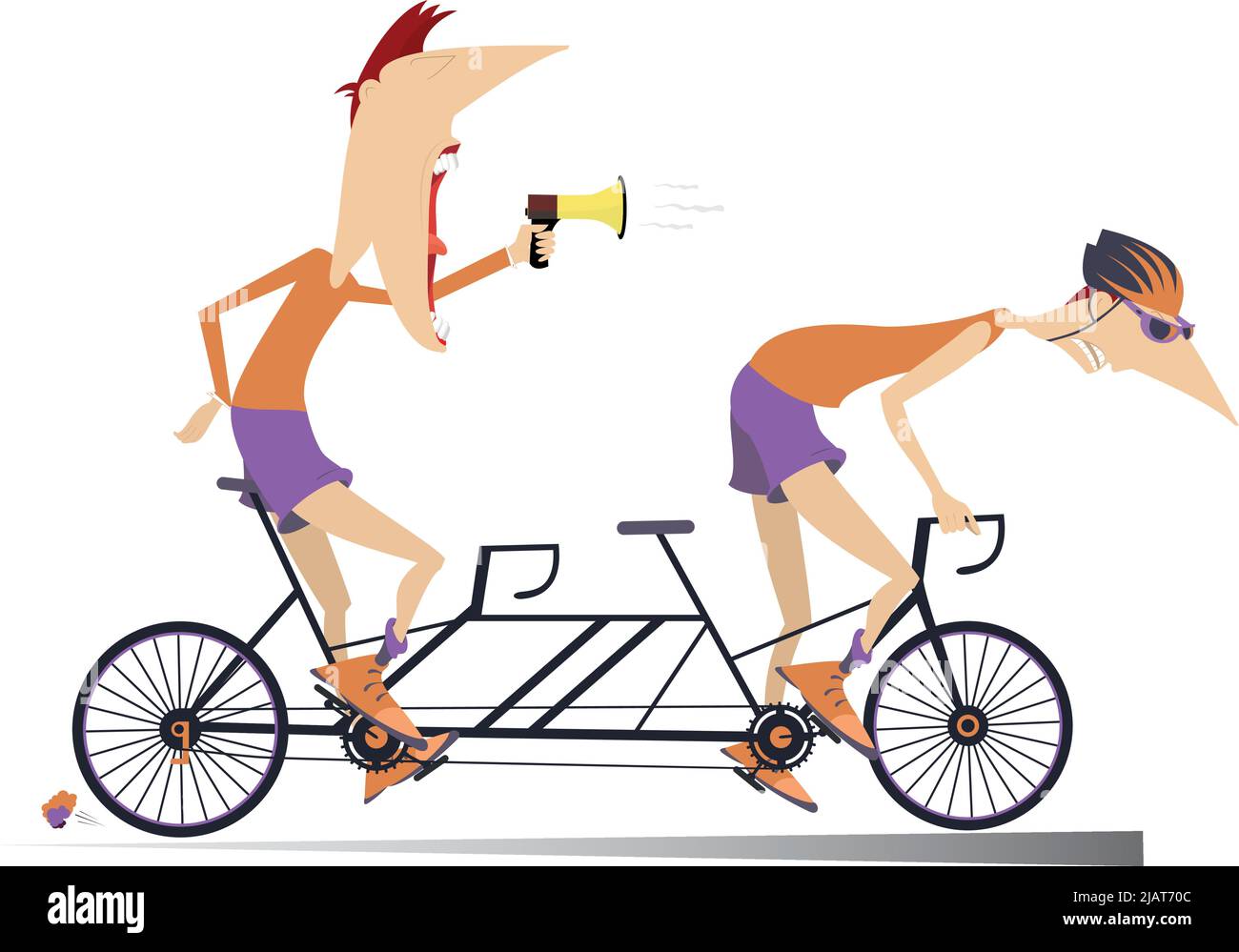 Cyclist and coach rides a tandem bike isolated. Strict trainer with ...