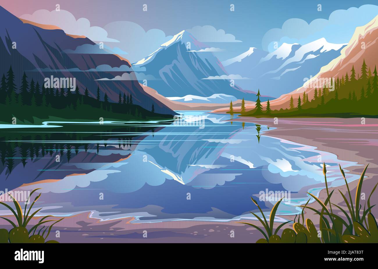 Beautiful nature, natural landscape. Evening mountain scenery. Stock Vector