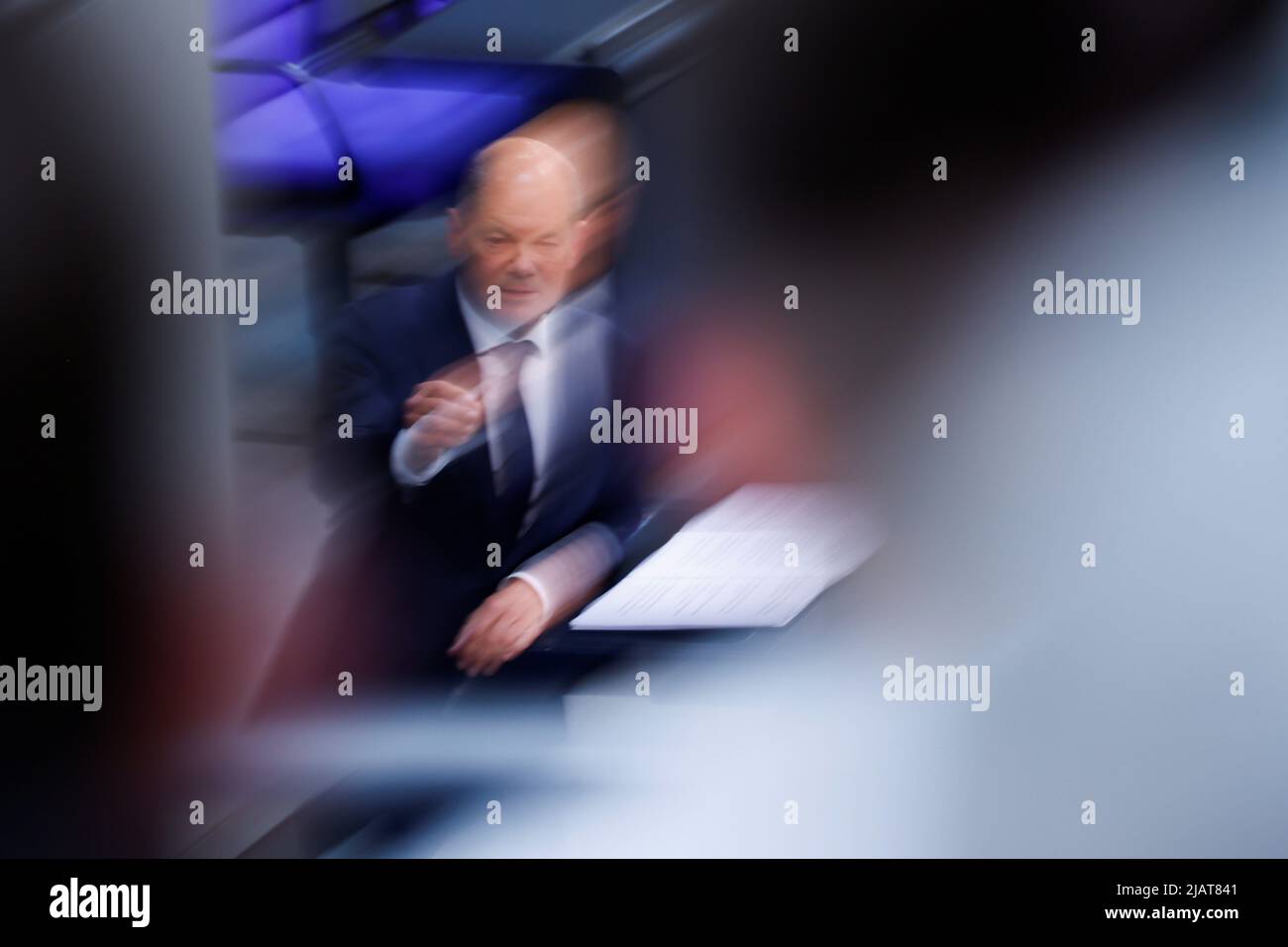 German Chancellor Olaf Scholz speaks during a session of Germany's lower house of parliament, the Bundestag, in Berlin, Germany June 1, 2022. Picture taken using slow shutter speed. REUTERS/Hannibal Hanschke Stock Photo