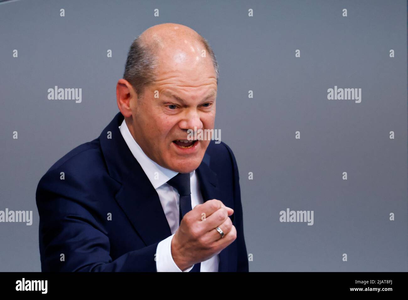 German Chancellor Olaf Scholz speaks during a session of Germany's lower house of parliament, the Bundestag, in Berlin, Germany, June 1, 2022. REUTERS/Hannibal Hanschke Stock Photo