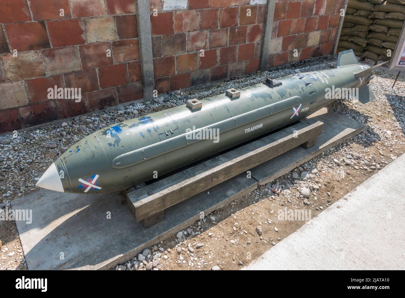 A WE.177B Tactical Nuclear Weapon in Eden Camp Modern History Theme Museum near Malton, North Yorkshire, England. Stock Photo