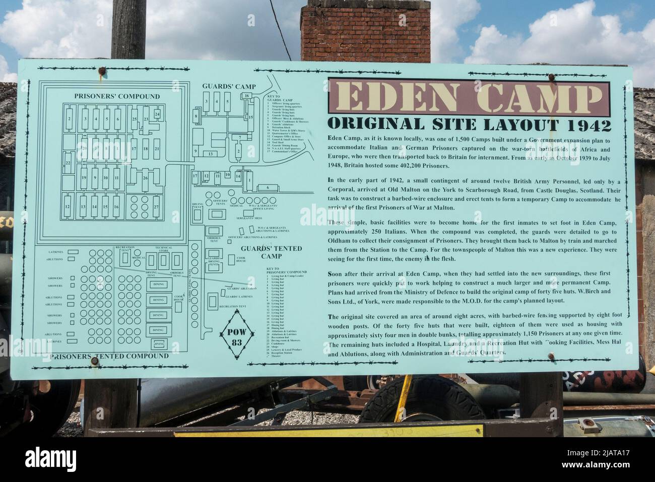 Information panel showing layout and history of the Eden Camp Modern History Theme Museum near Malton, North Yorkshire, England. Stock Photo