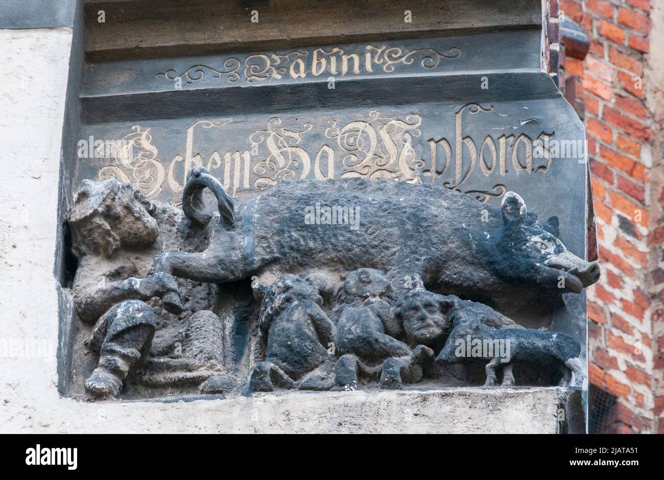 'Judensau' anti-Semitic sculpture on facade of protestant church in Wittenberg, Germany Stock Photo
