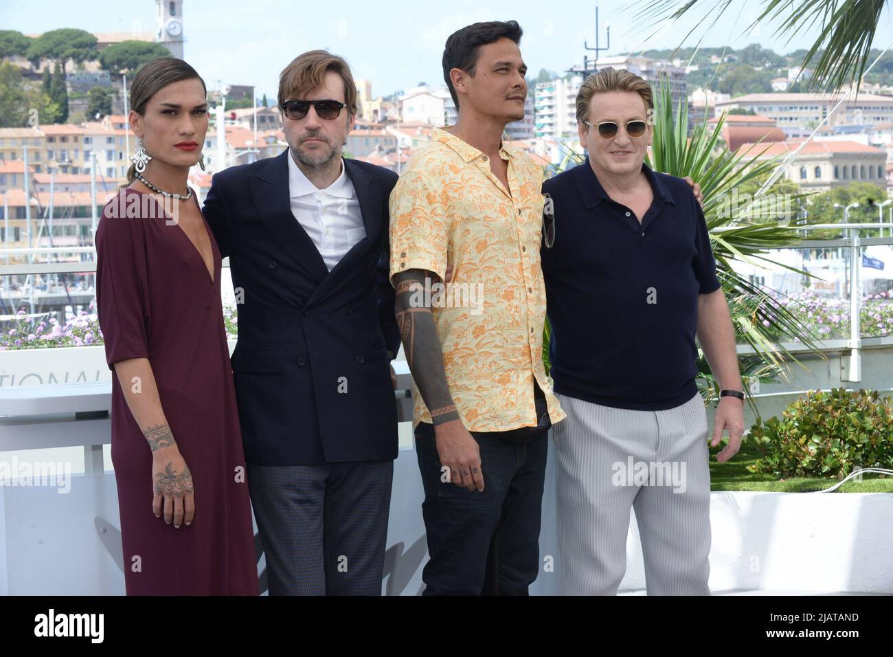 May 27, 2022, CANNES, France: CANNES, FRANCE - MAY 27: Matahi Pambrun, BenoÃ®t Magimel, Albert Serra and Pahoa Mahagafanau attend the photocall for ''Pacification'' during the 75th annual Cannes film festival at Palais des Festivals on May 27, 2022 in Cannes, France. (Credit Image: © Frederick Injimbert/ZUMA Press Wire) Stock Photo
