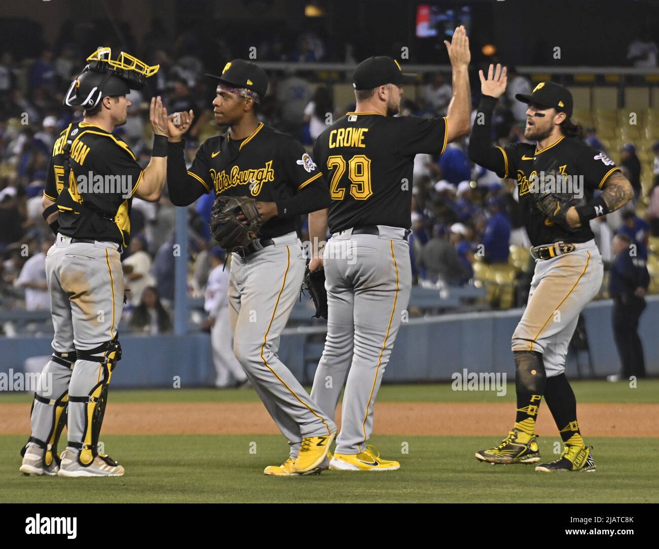 Los Angeles, United States. 01st June, 2022. Pittsburgh Pirates relief pitcher Will Crowe (29) celebrates with teammates after defeating the Los Angeles Dodgers to earn his second season save at Dodger Stadium in Los Angeles on Tuesday May 31, 2022. The Prates beat the Dodgers 5-3 for their second series win. Photo by Jim Ruymen/UPI Credit: UPI/Alamy Live News Stock Photo