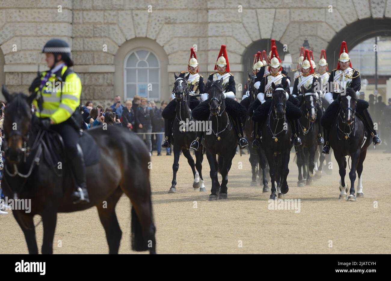 London, England, UK. Daily Changing of the Guard in Horse Guards Parade - members of the Blues and Royals Stock Photo