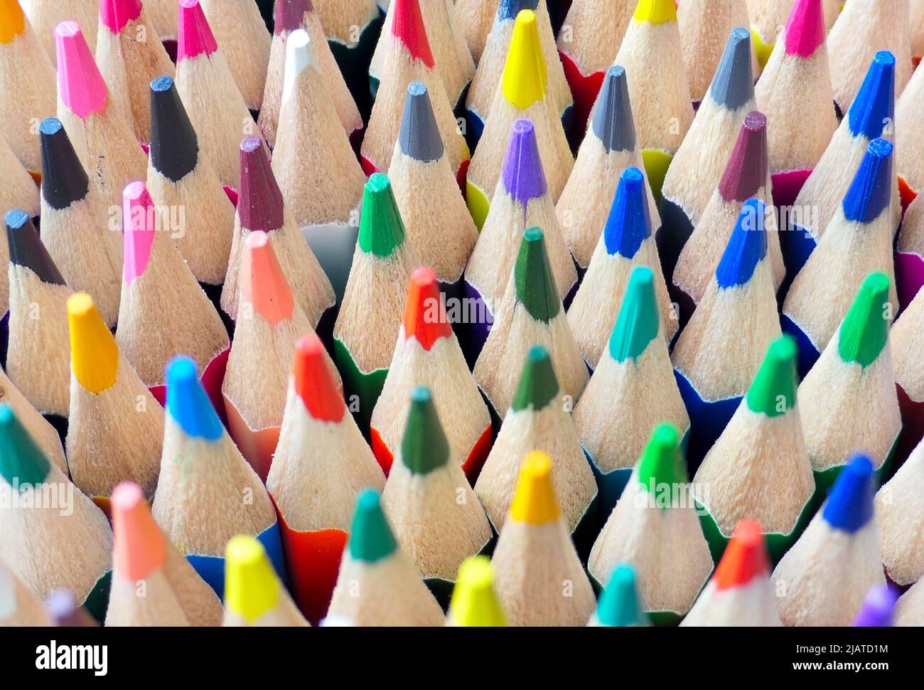 Close-up of coloured pencil tips standing upright. Art supplies. Focus towards the back. Stock Photo