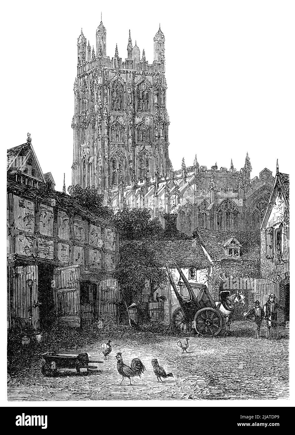Cutout of a 1879 vintage engraving of St. Giles' Church in Wrexham, Wales. Stock Photo