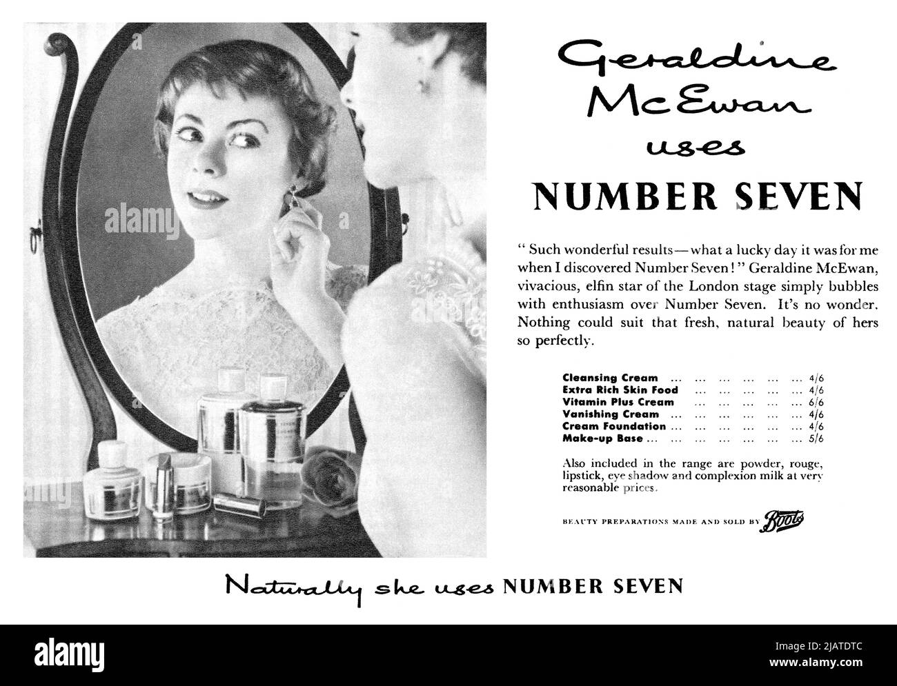 1955 British advertisement for Boots Number Seven cosmetics, featuring actress Geraldine McEwan. Stock Photo