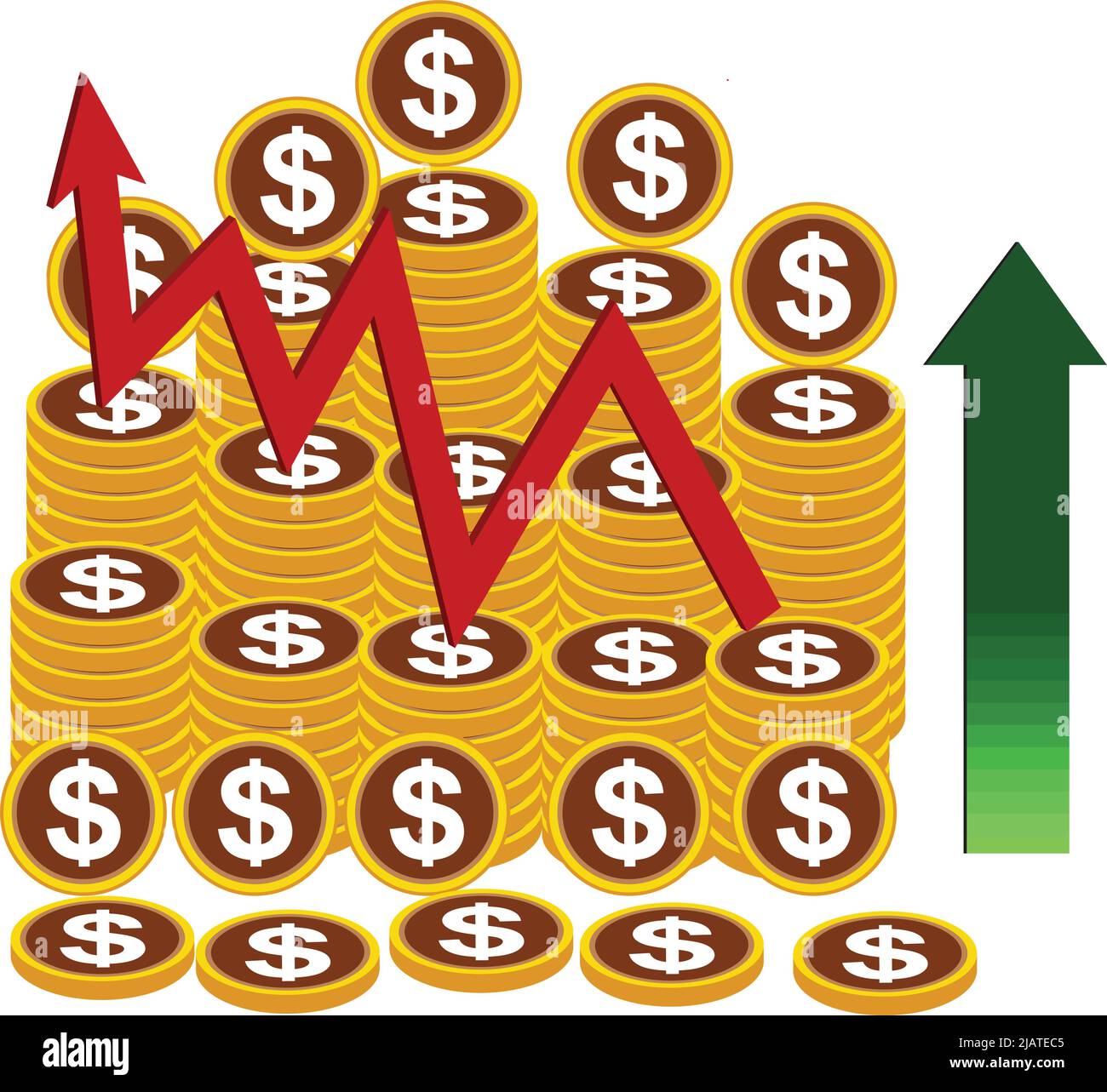 a pile of dollar coins. and increase the value arrow. business and