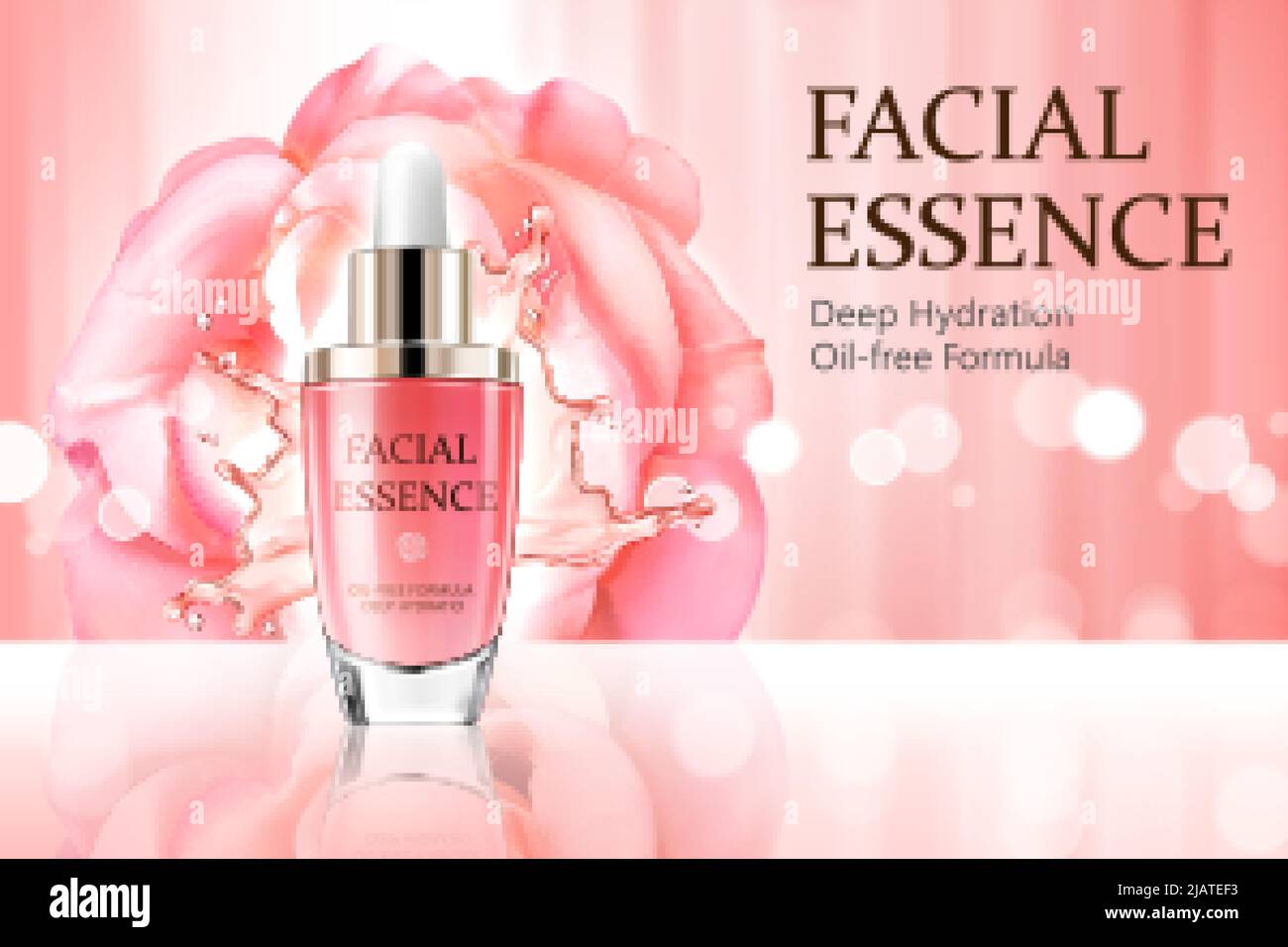 Facial essence banner ad. 3D dropper bottle displayed on a glass surface with liquid splash, big pink rose and light flares in the back Stock Vector