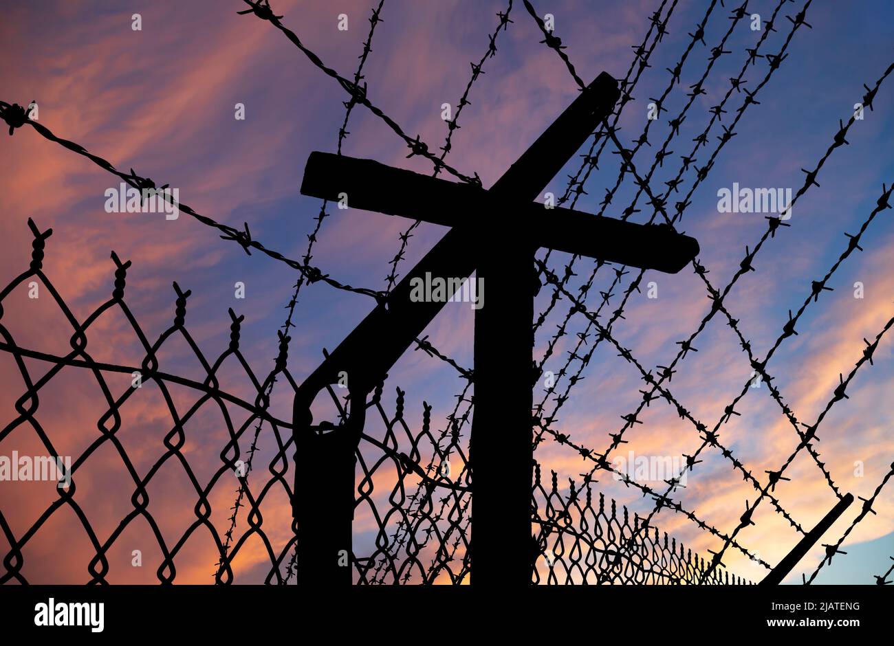 Сontour of barbed wire on the background of the sunset orange sky Stock ...