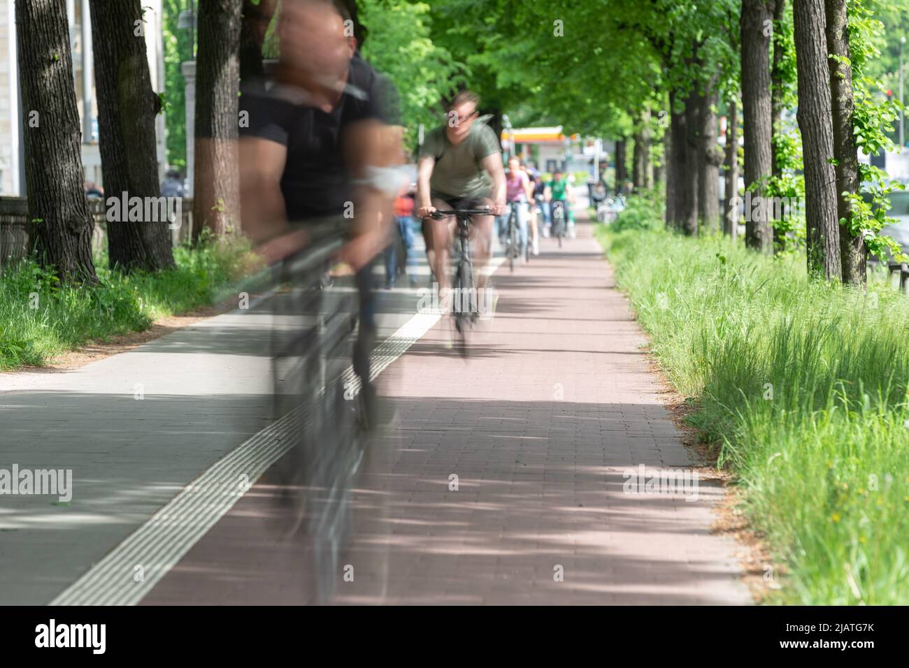 cyclists on a bike path in an avenue blurred by long exposure Stock Photo