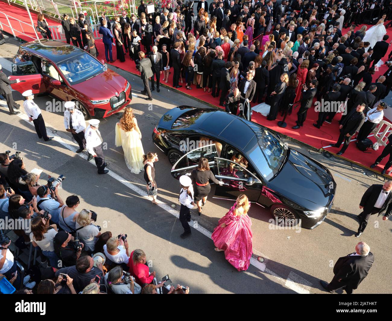 AERIAL VIEW from a 6-meter mast. Arrival of the movie industry people at the red carpet of the Palais des Festivals in Cannes. French Riviera, France. Stock Photo