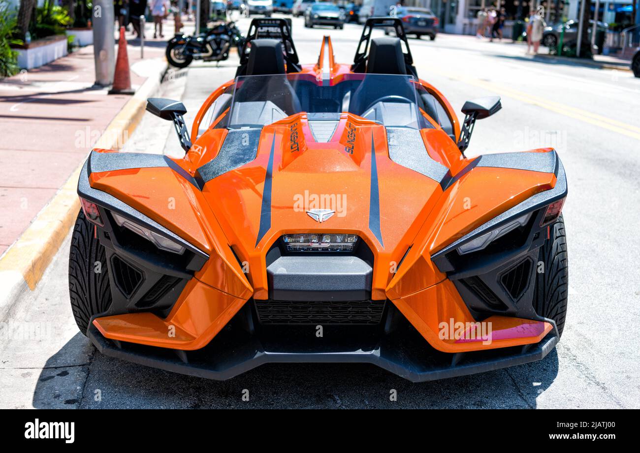 Miami Beach, Florida USA April 14, 2021 orange polaris slingshot