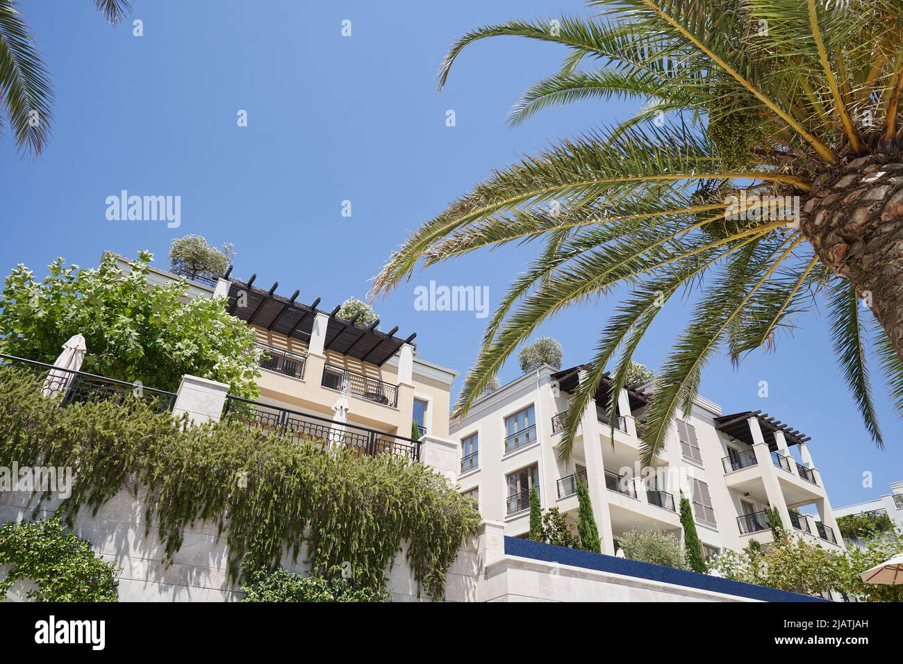 View of residential buildings through Palm against the blue sky. Luxury housing in Europe Stock Photo