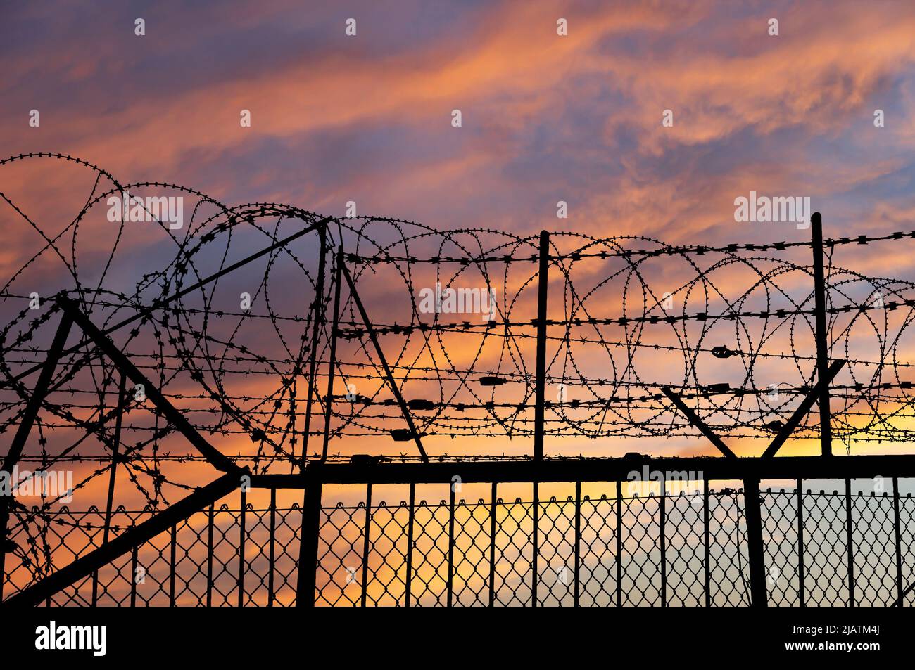 Сontour of barbed wire on the background of the sunset orange sky Stock ...